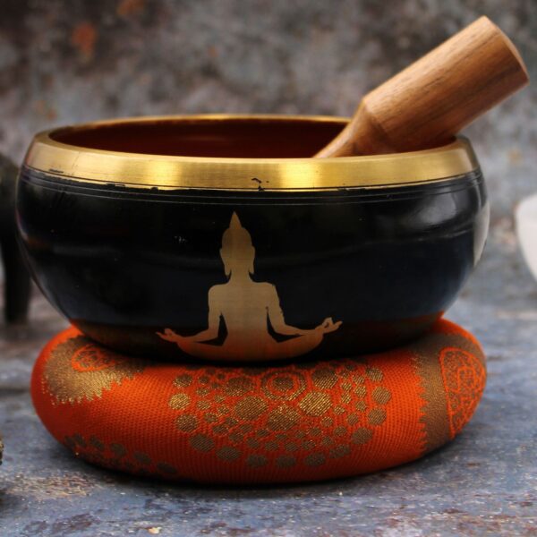 Lrg Buddha Singing Bowl Set- Black/Orange 14cm - Image 4