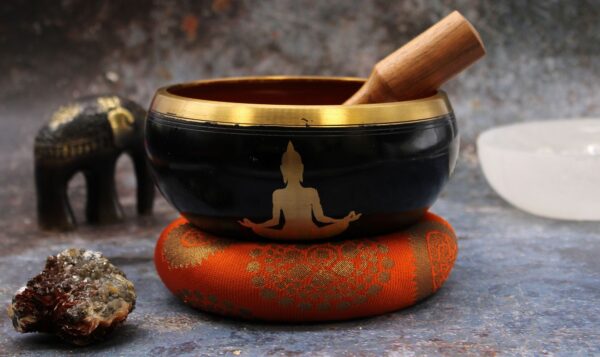 Lrg Buddha Singing Bowl Set- Black/Orange 14cm - Image 5