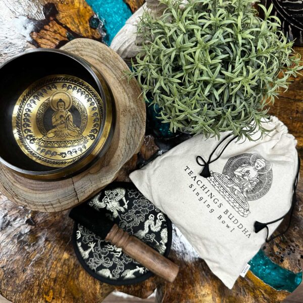 Hand Beaten & Engraved Singing Bowl Gift Set - 14cm - Teachings Buddha - Image 2