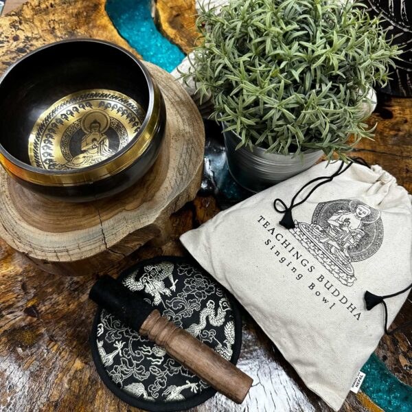 Hand Beaten & Engraved Singing Bowl Gift Set - 14cm - Teachings Buddha - Image 3