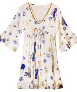 Nomad Sari Evil Eye Dress – White, Blue & Gold – Size L/XL