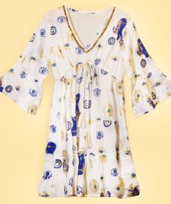 Alternative view of Nomad Sari Evil Eye Dress – White, Blue & Gold – Size L/XL
