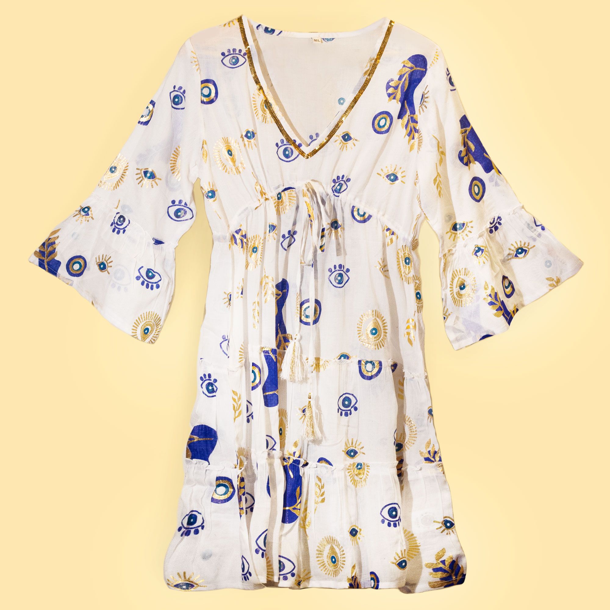Nomad Sari Evil Eye Dress – White, Blue & Gold – Size L/XL - Image 2