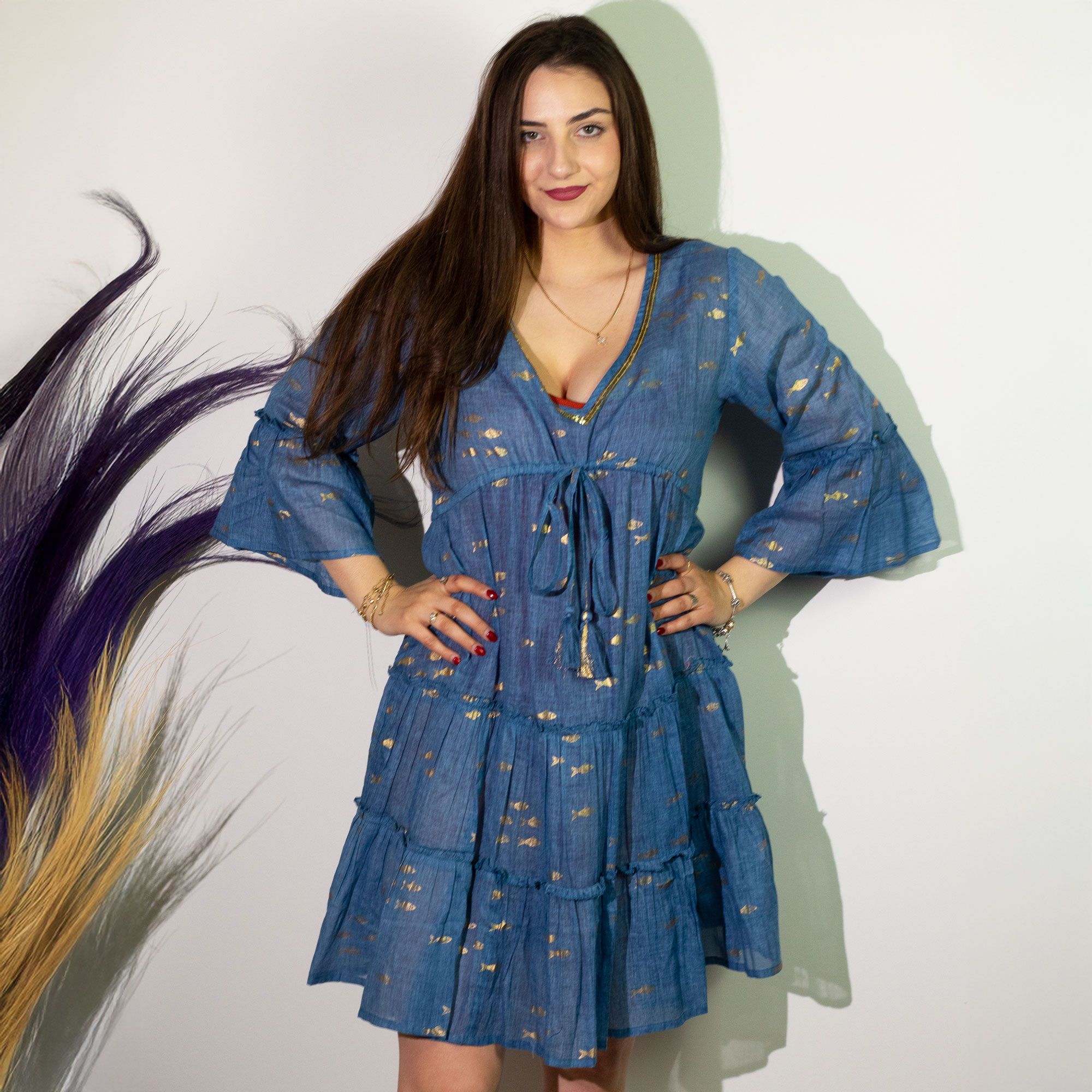 Nomad Sari Sea Blue & Gold Fish Print Dress (L/XL) - Image 5