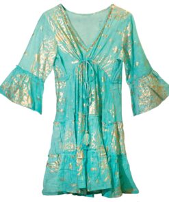 Nomad Sari Turquoise & Gold Coral Print Dress (M/L)