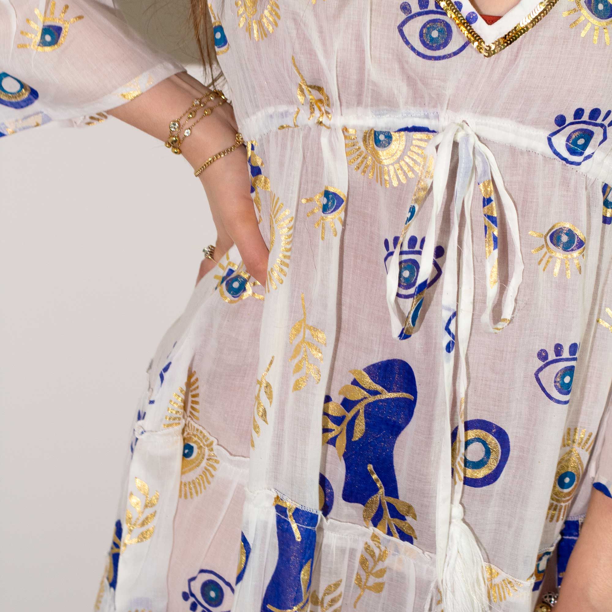 Nomad Sari Evil Eye Dress – White, Blue & Gold – Size L/XL - Image 3