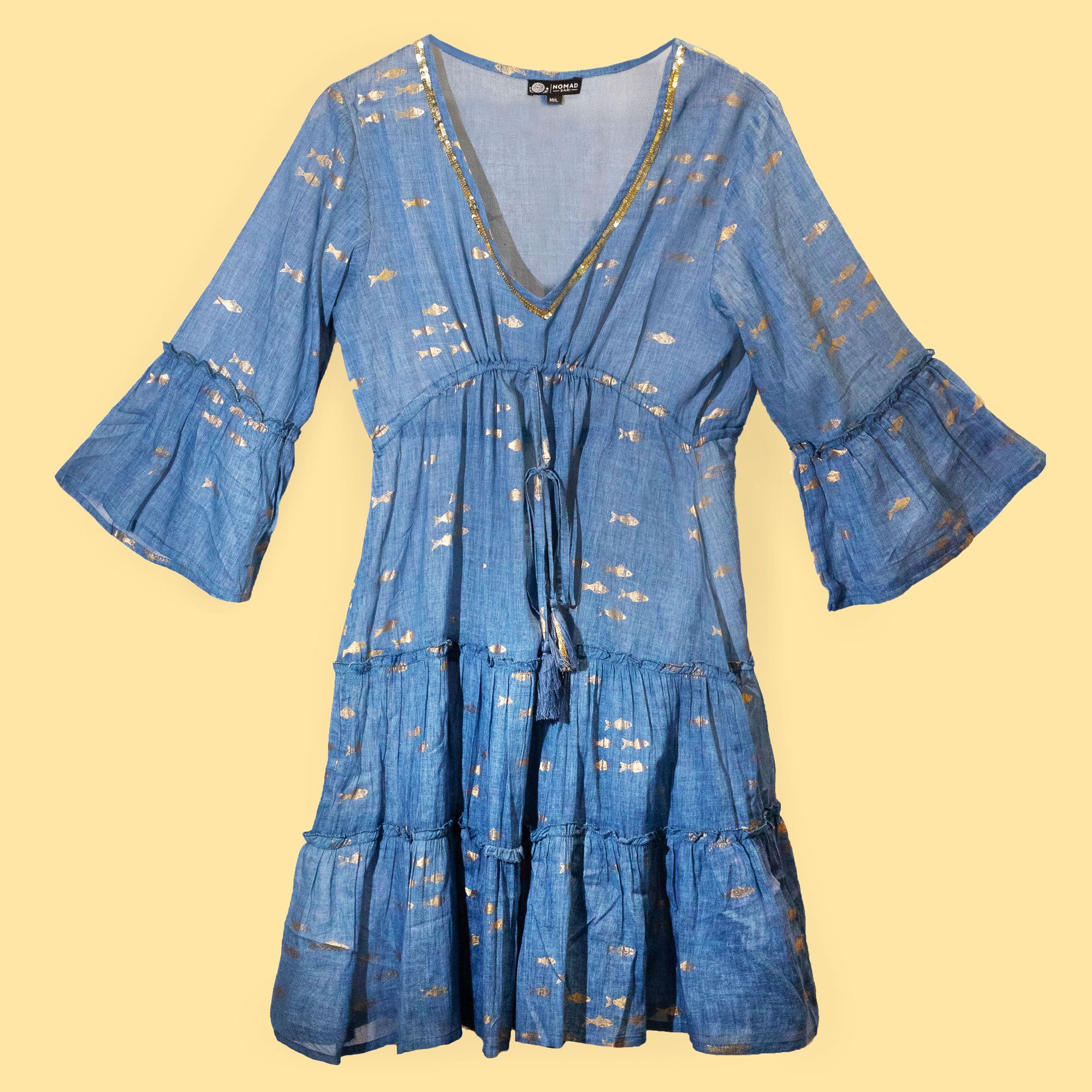 Nomad Sari Sea Blue & Gold Fish Print Dress (L/XL) - Image 2