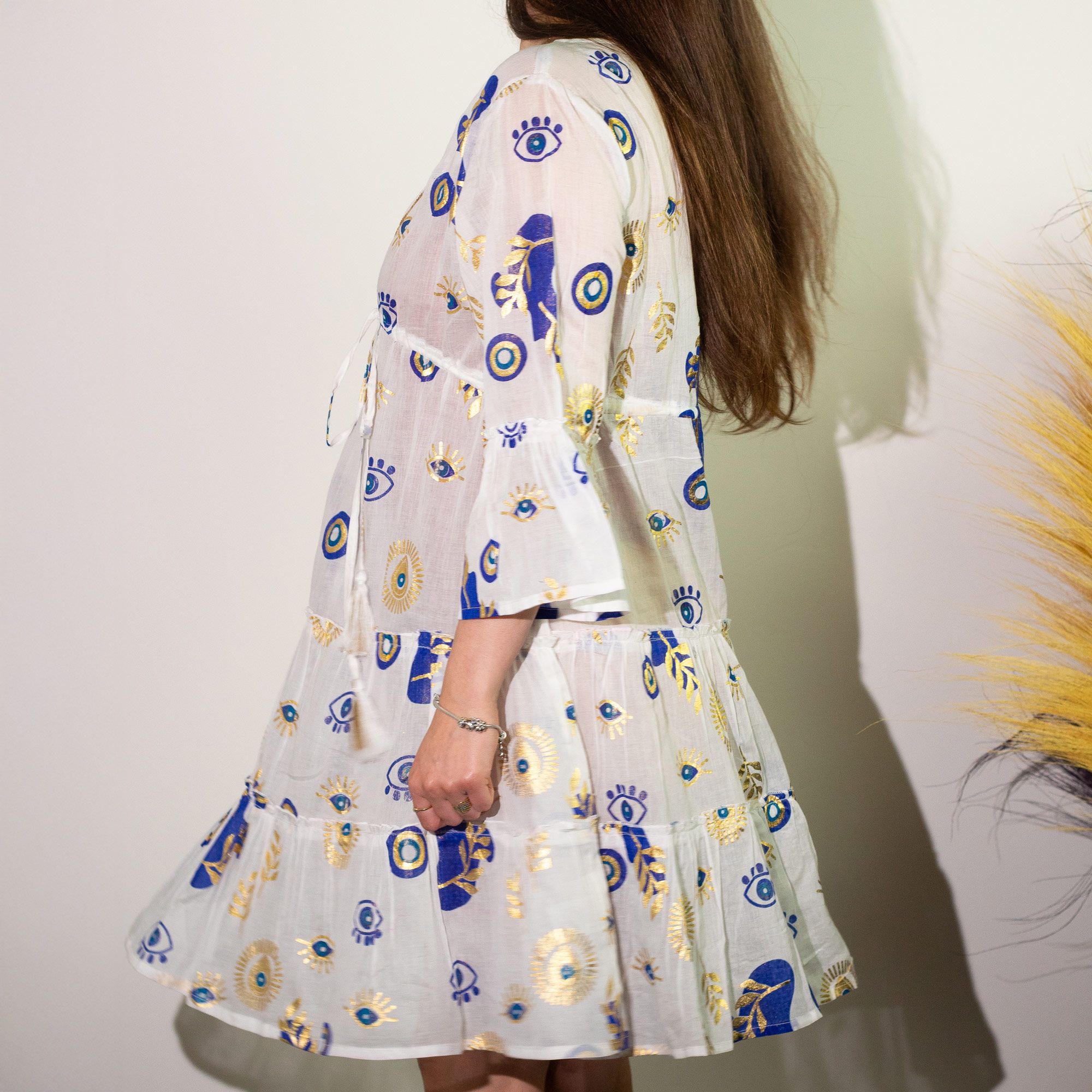 Nomad Sari Evil Eye Dress – White, Blue & Gold – Size L/XL - Image 4