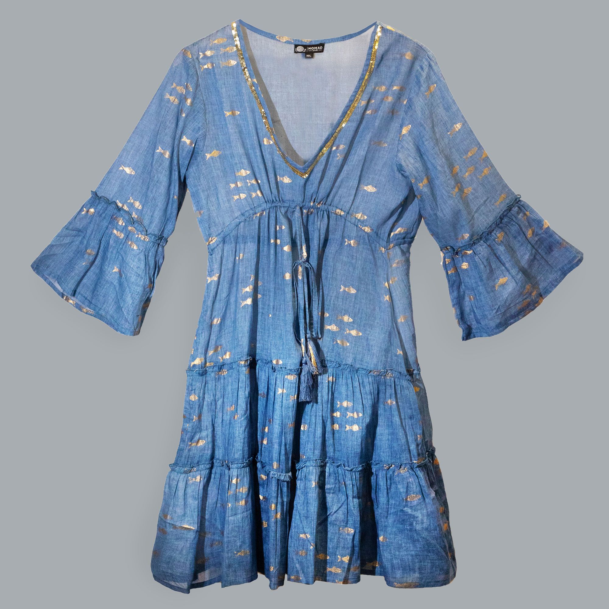 Nomad Sari Sea Blue & Gold Fish Print Dress (L/XL) - Image 4