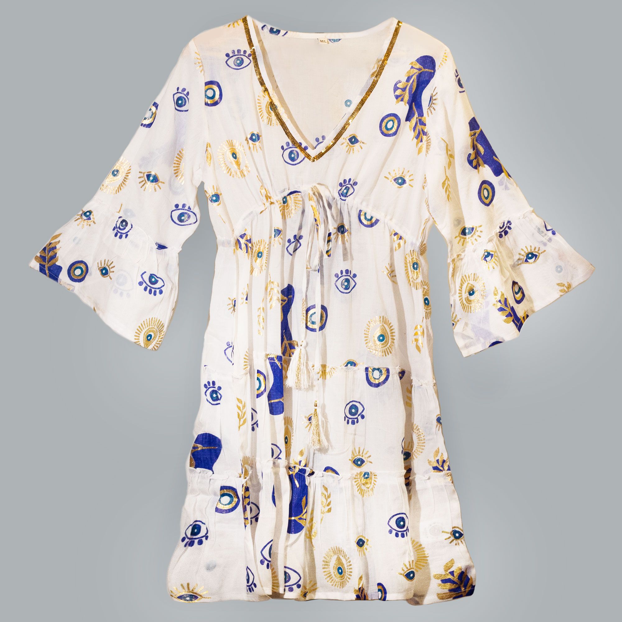 Nomad Sari Evil Eye Dress – White, Blue & Gold – Size L/XL - Image 5